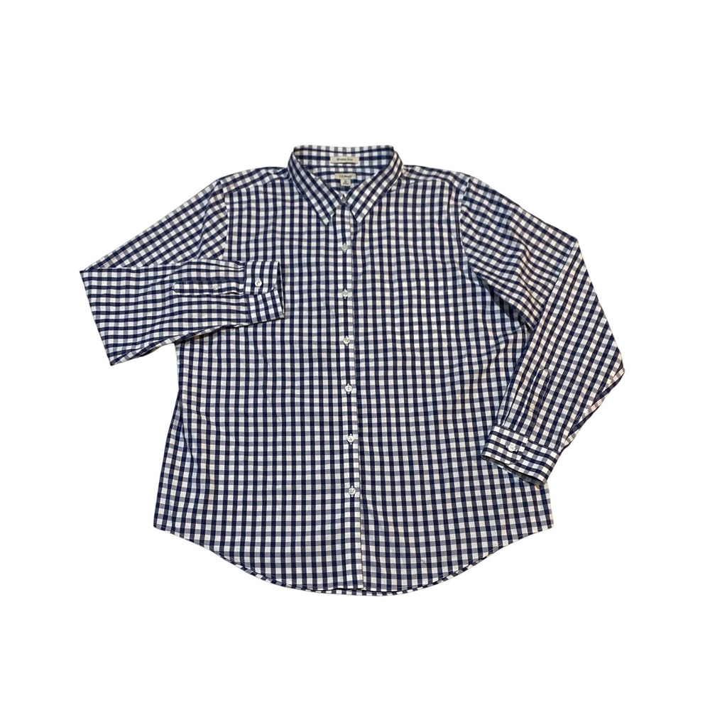 LL Bean Mens XL Wrinkle Free Gingham Button Down Shirt Navy Blue White 503436